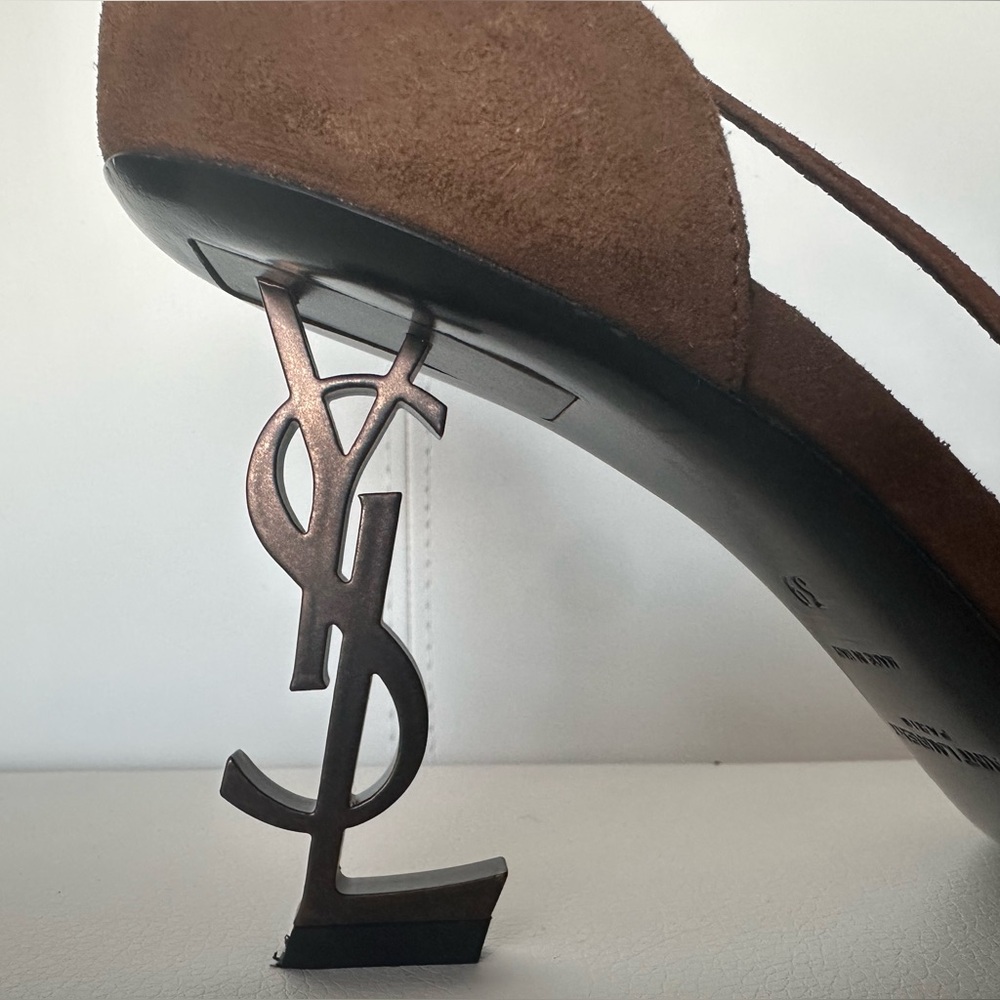 Yves Saint Laurent Tan Suede Heels with Iconic Logo